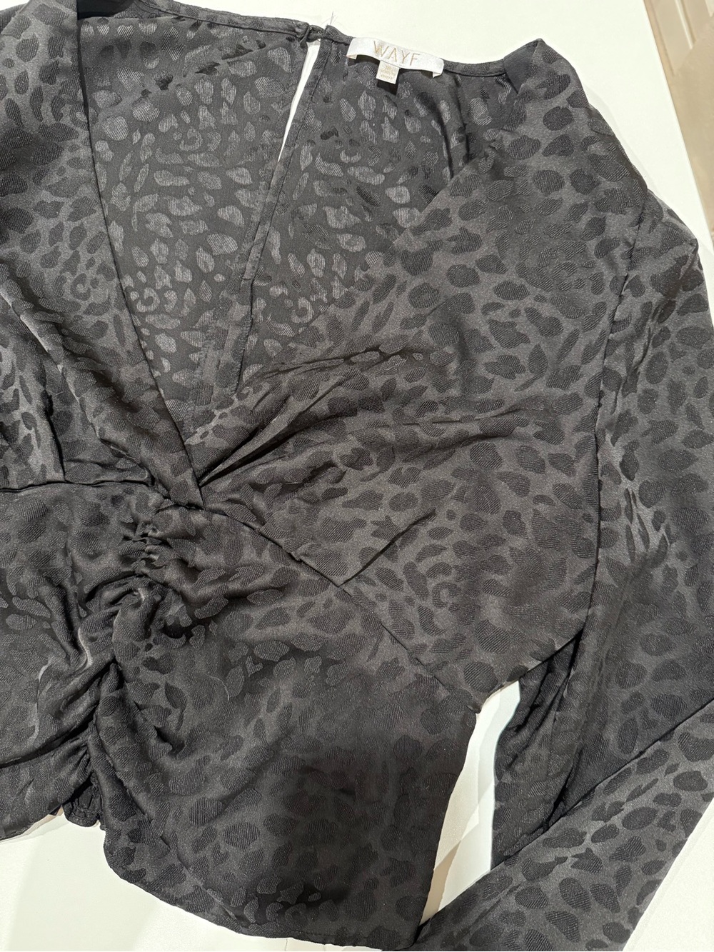 Wayf Charcoal Black Animal-Print Twist Front Blouse
